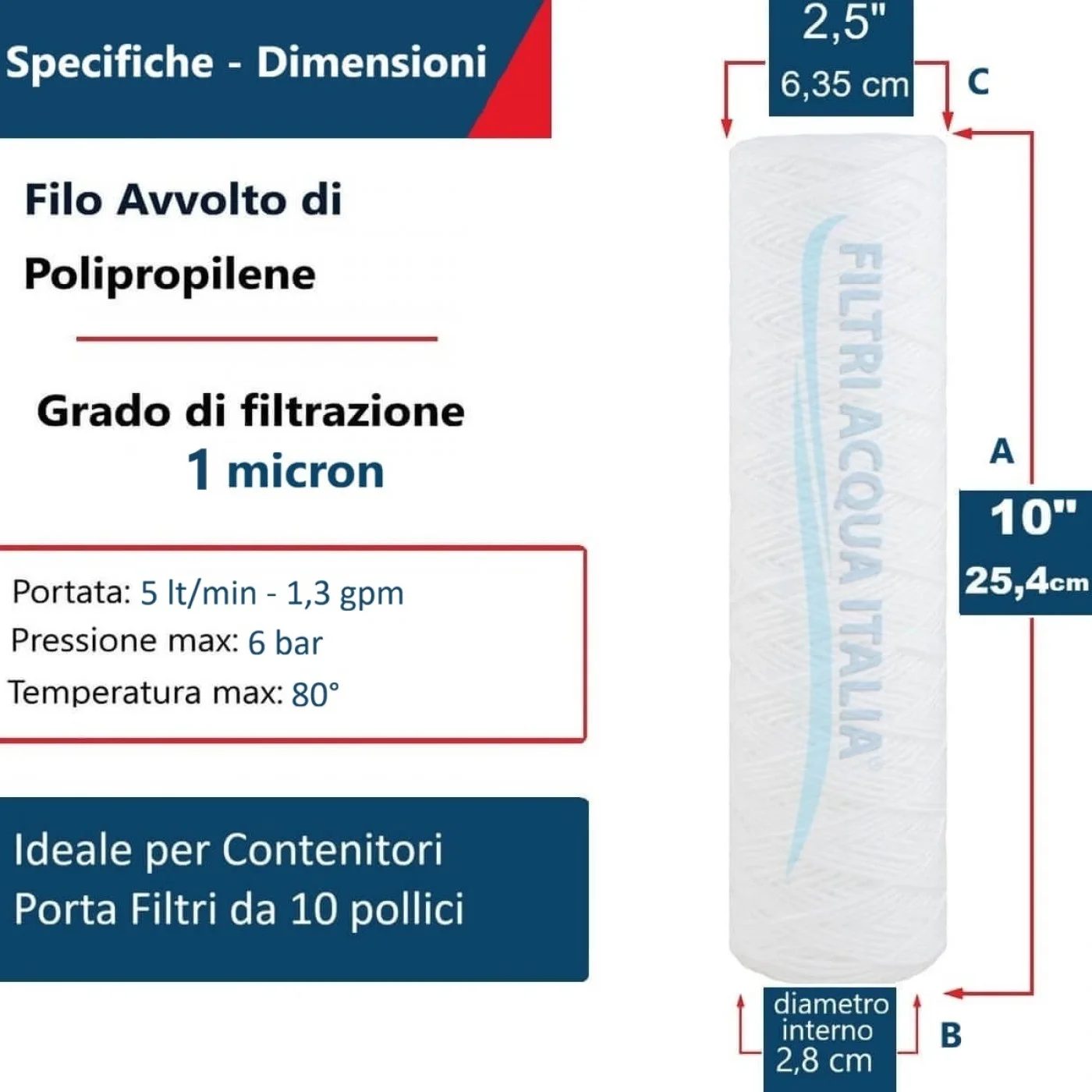 CARTUCCIA A FILO AVVOLTO DI POLIPROPILENE SEDIMENTI 10" micron 1 CARTUCCIA A FILO AVVOLTO DI POLIPROPILENE SEDIMENTI 10" micron 1