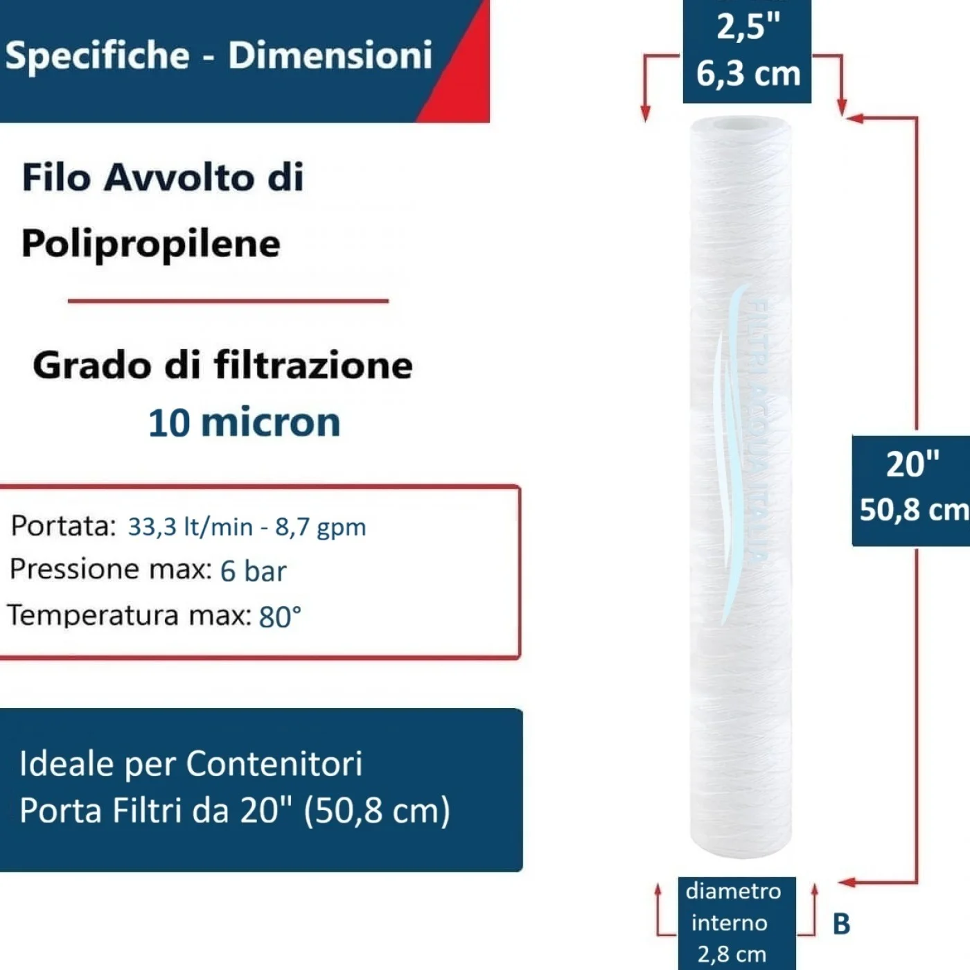 CARTUCCIA A FILO AVVOLTO DI POLIPROPILENE SEDIMENTI 20" micron 10 CARTUCCIA A FILO AVVOLTO DI POLIPROPILENE SEDIMENTI 20" micron 10