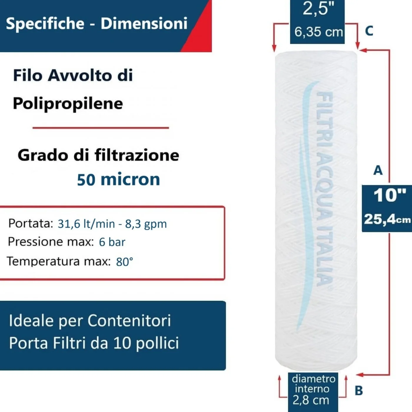 CARTUCCIA A FILO AVVOLTO DI POLIPROPILENE SEDIMENTI 10" micron 50 CARTUCCIA A FILO AVVOLTO DI POLIPROPILENE SEDIMENTI 10" micron 50