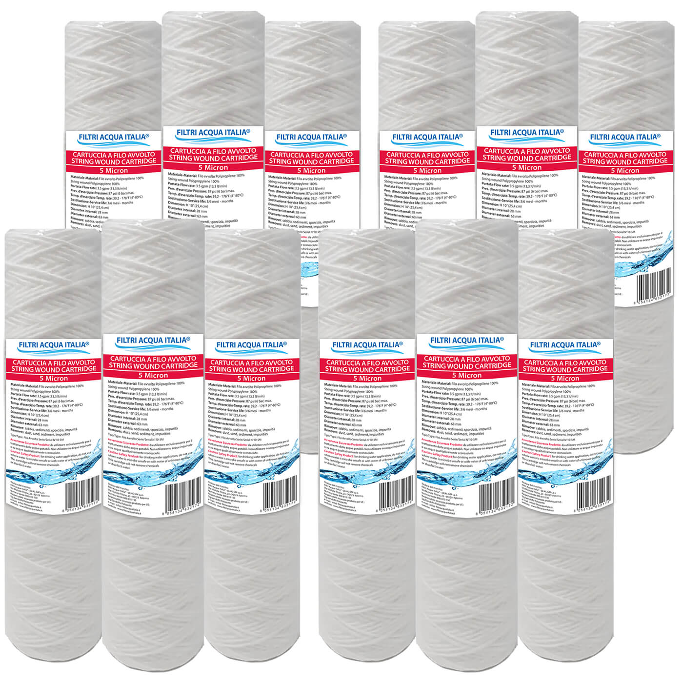 Cartuccia Filtrante Filo Avvolto 10' Pollici micron 5 Set 12 Pezzi Cartuccia Filtrante Filo Avvolto 10' Pollici micron 5 Set 12 Pezzi