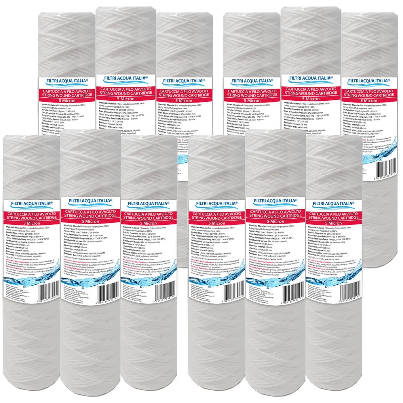 Cartuccia Filtrante Filo Avvolto 10' Pollici micron 5 Set 12 Pezzi