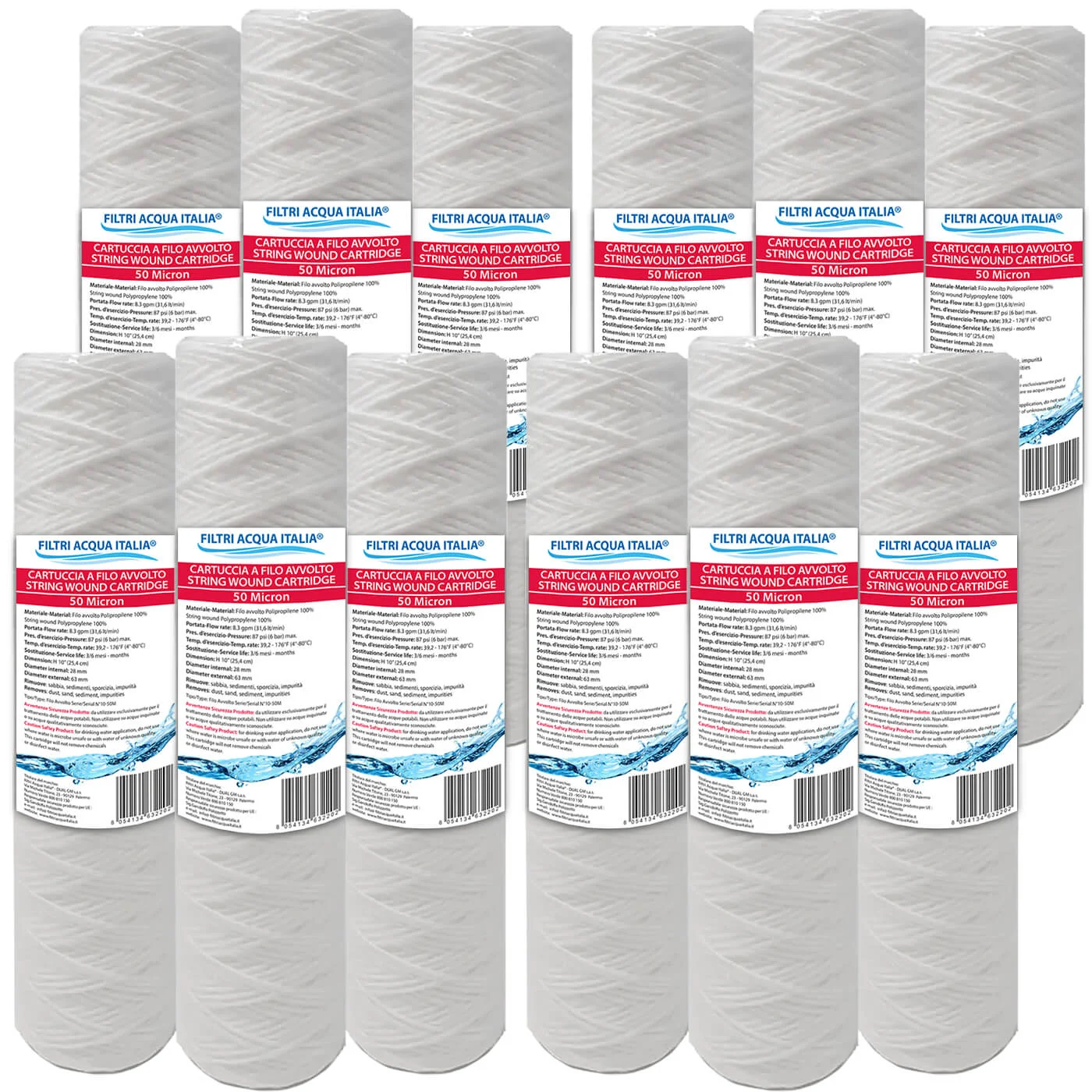 CARTUCCIA FILO AVVOLTO 10 Pollici micron 50 Set 12 Pezzi CARTUCCIA FILO AVVOLTO 10 Pollici micron 50 Set 12 Pezzi