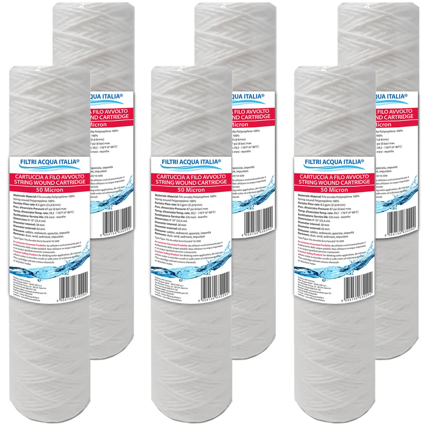 CARTUCCIA A FILO AVVOLTO 10 Pollici micron 50 Set 6 Pezzi