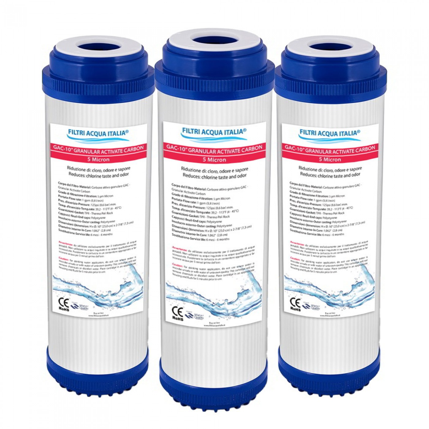 Filtro Carbone Attivo GAC 10" Rimozione Cloro per Depuratore Osmosi Inversa
