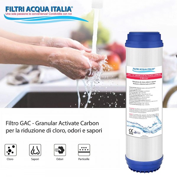 Filtro Carbone Attivo GAC 10" Rimozione Cloro per Depuratore Osmosi Inversa