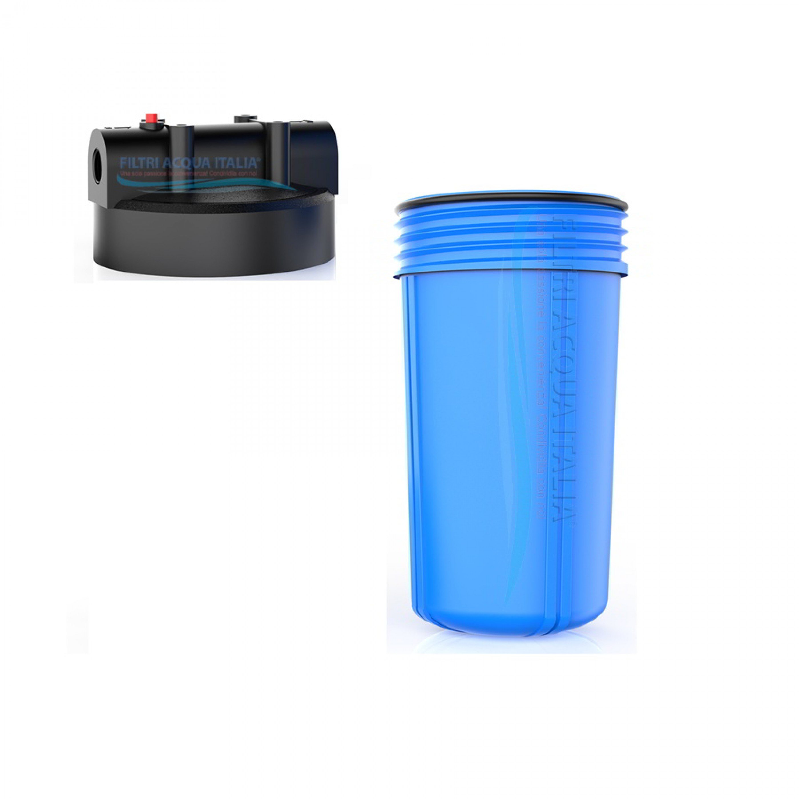 Contenitore Porta Filtro Acqua 10" Vuoto, Testa E Ghiera In Polipropilene Con Inserti Ottone, Attacchi 3/4" FF, Per Cartucce A Fiocco, Carbone, Polifosfati, Azzurro