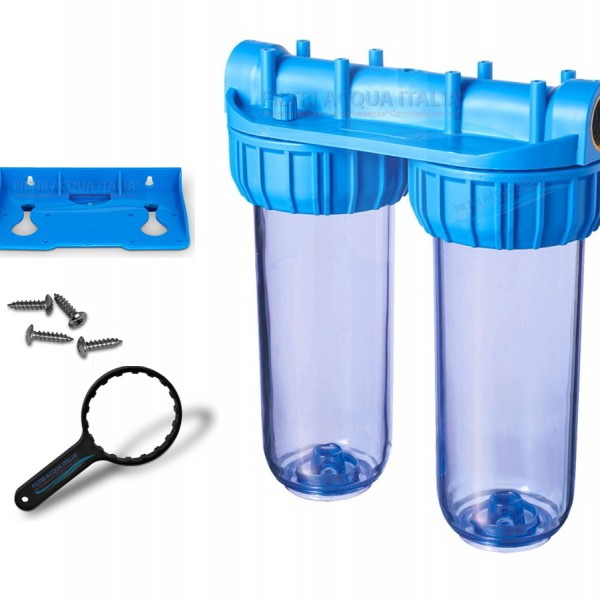 CONTENITORE DOPPIO PER FILTRO ACQUA 10" ATTACCO 1" CON STAFFA E CHIAVE CONTENITORE DOPPIO PER FILTRO ACQUA 10" ATTACCO 1" CON STAFFA E CHIAVE
