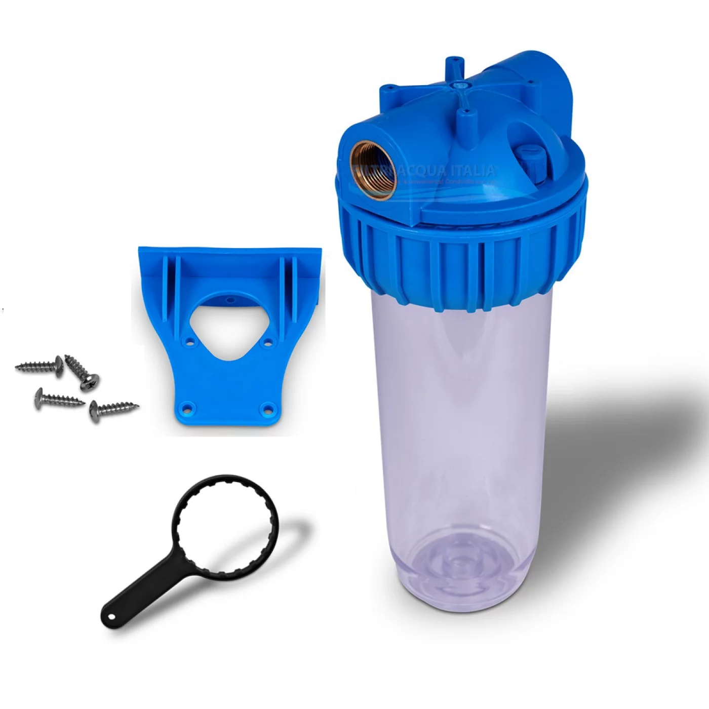 CONTENITORE TRASPARENTE 10" ATTACCO 1" CON STAFFA E CHIAVE PER FILTRO ACQUA CONTENITORE TRASPARENTE 10" ATTACCO 1" CON STAFFA E CHIAVE PER FILTRO ACQUA