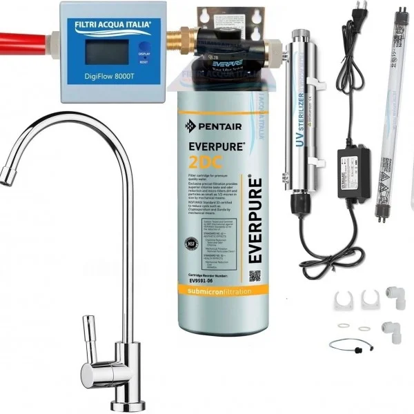 DEPURATORE EVERPURE 2DC CON STERILIZZATORE UV TESTA QL2B CONTALITRI e RUBINETTO