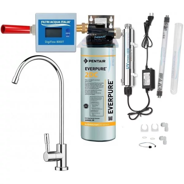 DEPURATORE EVERPURE 2DC CON STERILIZZATORE UV TESTA QL2B CONTALITRI e RUBINETTO