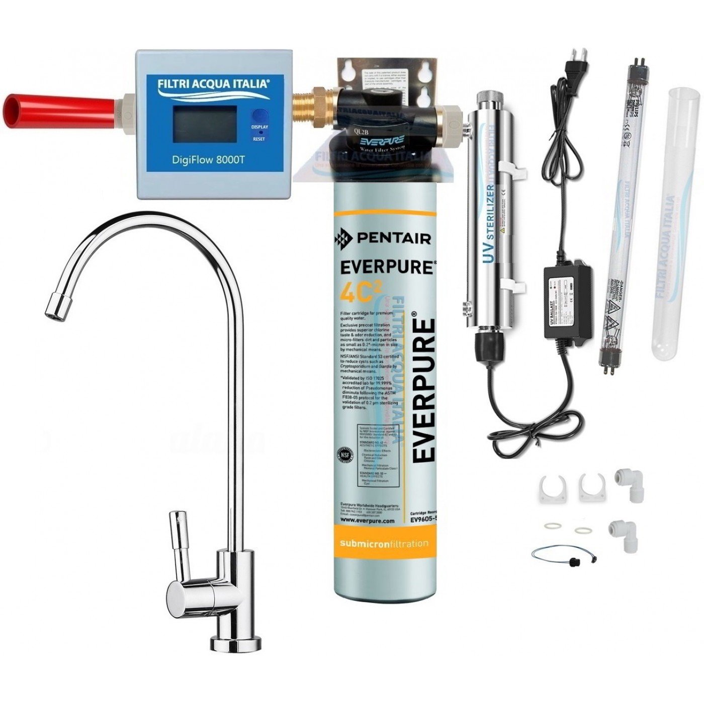 EVERPURE KIT 4C2 CON STERILIZZATORE UV TESTA QL2B CONTALITRI DIGITALE E RUBINETTO EVERPURE KIT 4C2 CON STERILIZZATORE UV TESTA QL2B CONTALITRI DIGITALE E RUBINETTO
