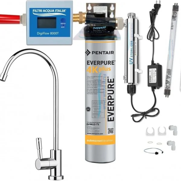 EVERPURE KIT 4K PLUS CON STERILIZZATORE UV CONTALITRI DIGITALE E RUBINETTO TESTA QL2B