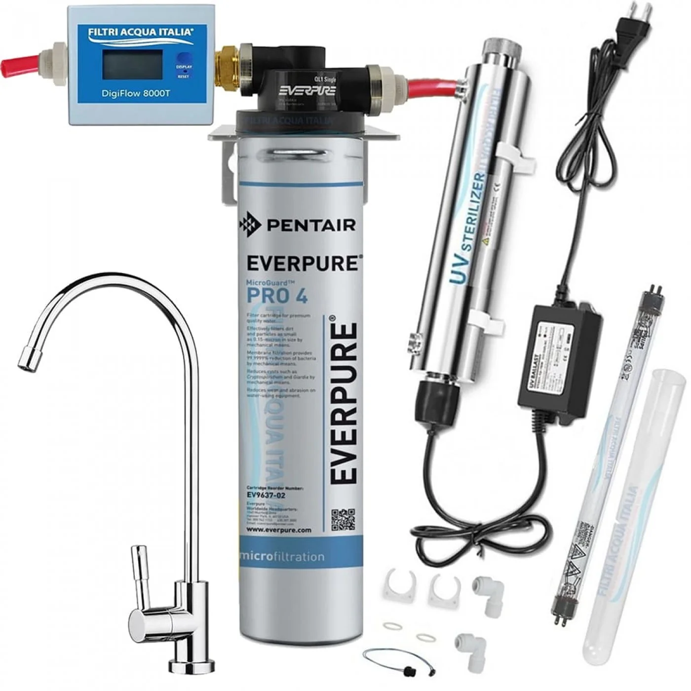 EVERPURE KIT PRO4 CON STERILIZZATORE UV CONTALITRI E RUBINETTO EVERPURE KIT PRO4 CON STERILIZZATORE UV CONTALITRI E RUBINETTO