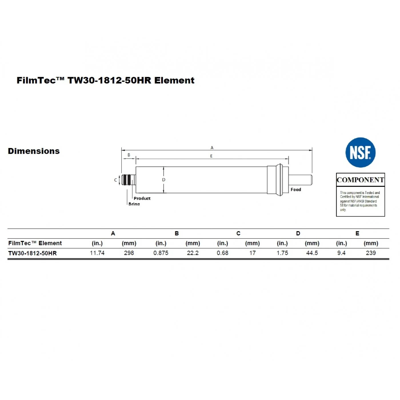 MEMBRANA FILMTEC 50 GPD TW30-1812 50HR MEMBRANA FILMTEC 50 GPD TW30-1812 50HR