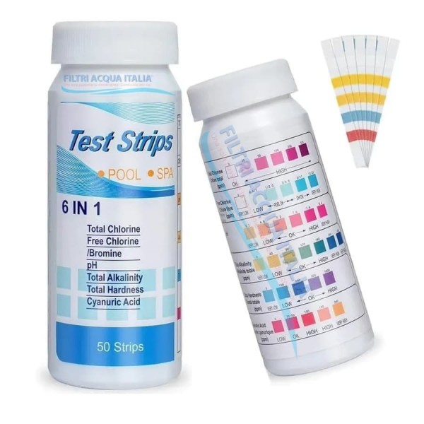 Strip Test 6 in 1 – 50 Strisce per Analisi dell’Acqua Cloro, Bromo, pH, Alcalinità, Durezza, Acido Cianurico Strip Test 6 in 1 – 50 Strisce per Analisi dell’Acqua Cloro, Bromo, pH, Alcalinità, Durezza, Acido Cianurico
