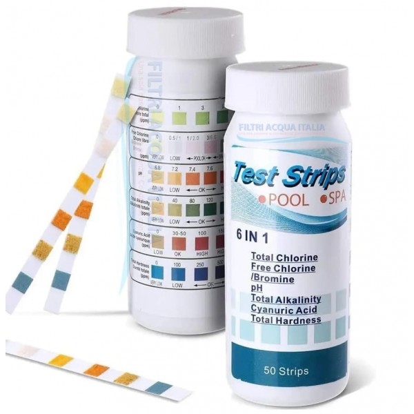 Strip Test 6 in 1 – 50 Strisce per Analisi dell’Acqua Cloro, Bromo, pH, Alcalinità, Durezza, Acido Cianurico Strip Test 6 in 1 – 50 Strisce per Analisi dell’Acqua Cloro, Bromo, pH, Alcalinità, Durezza, Acido Cianurico