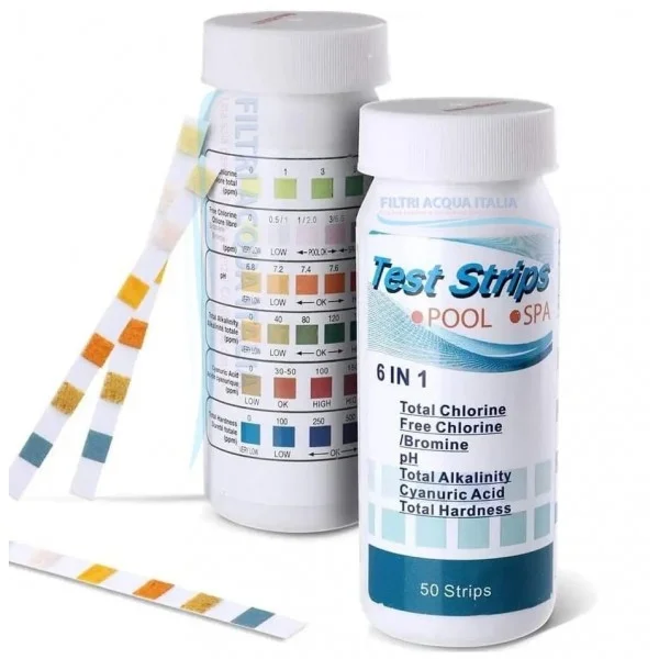 Strip Test 6 in 1 – 50 Strisce per Analisi dell’Acqua Cloro, Bromo, pH, Alcalinità, Durezza, Acido Cianurico