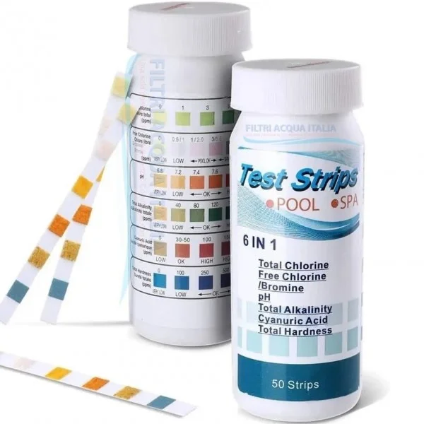Strip Test 6 in 1 – 50 Strisce per Analisi dell’Acqua Cloro, Bromo, pH, Alcalinità, Durezza, Acido Cianurico