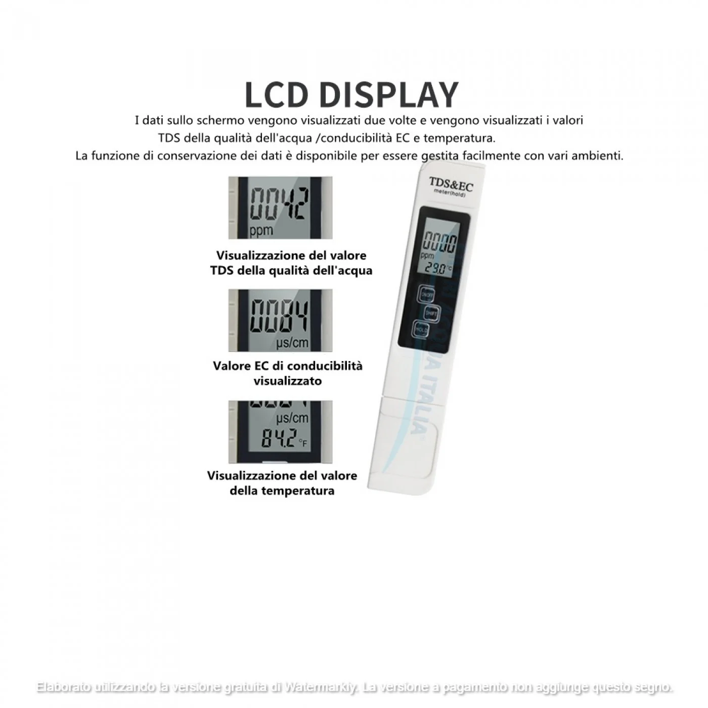 TESTER TDS CONDUCIBILITA' E TEMPERATURA MISURATORE SOLIDI DISCIOLTI TESTER TDS CONDUCIBILITA' E TEMPERATURA MISURATORE SOLIDI DISCIOLTI