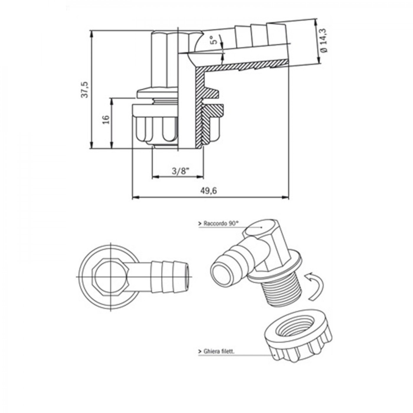 Raccordo portagomma 90° troppo pieno 3/8"