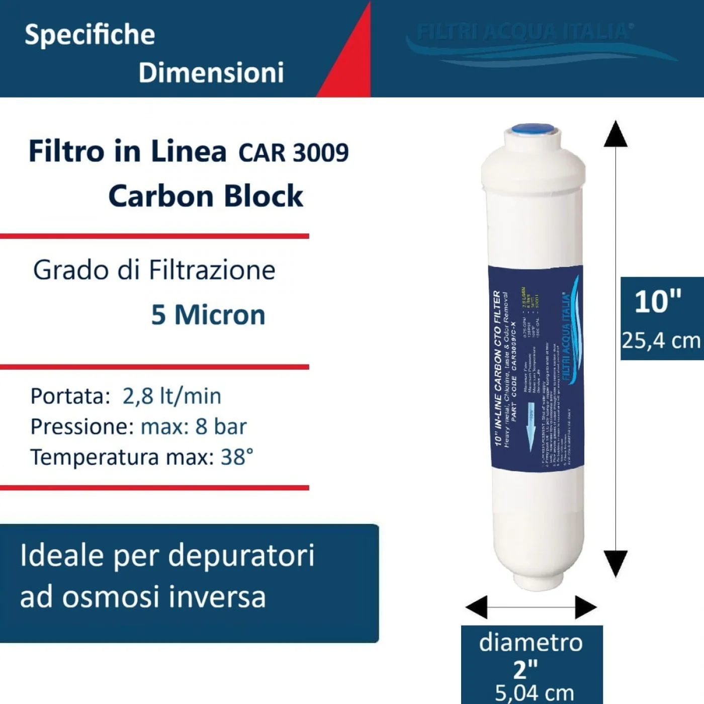 FILTRO ACQUA IN LINE CARBONE CAR 3009 2 X 10" ATTACCO 1/4 FPT FILTRO ACQUA IN LINE CARBONE CAR 3009 2 X 10" ATTACCO 1/4 FPT