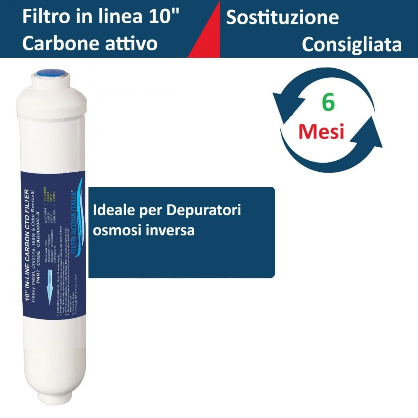 FILTRO ACQUA IN LINE CARBONE CAR 3009 2 X 10" ATTACCO 1/4 FPT FILTRO ACQUA IN LINE CARBONE CAR 3009 2 X 10" ATTACCO 1/4 FPT