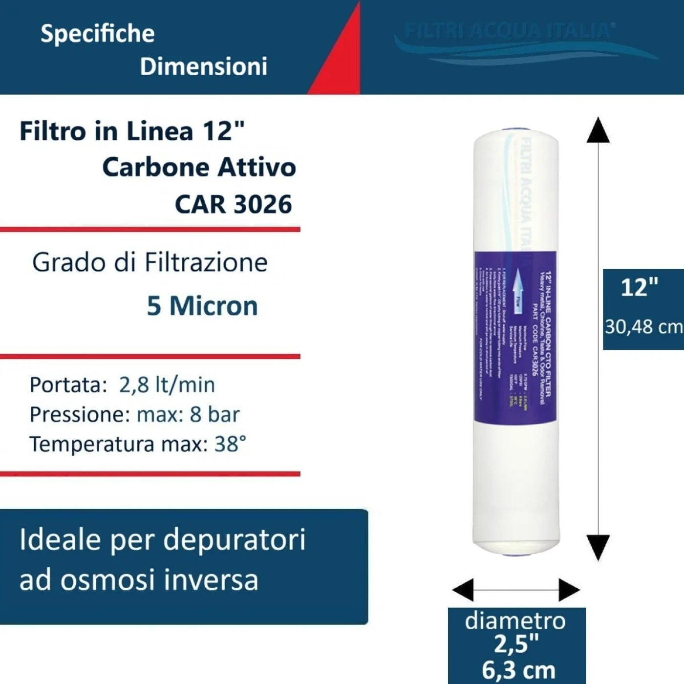 FILTRO IN LINE CAR3026 CARBONE 12 Pollici Attacco 1/4 FPT FILTRO IN LINE CAR3026 CARBONE 12 Pollici Attacco 1/4 FPT