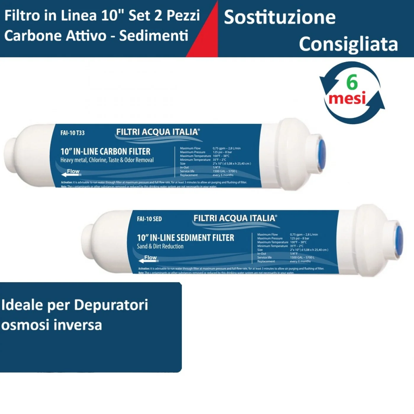FILTRO IN LINEA CARBONE ATTIVO 2 X 10" T33 e Sedimenti 2 X 10" FILTRO IN LINEA CARBONE ATTIVO 2 X 10" T33 e Sedimenti 2 X 10"