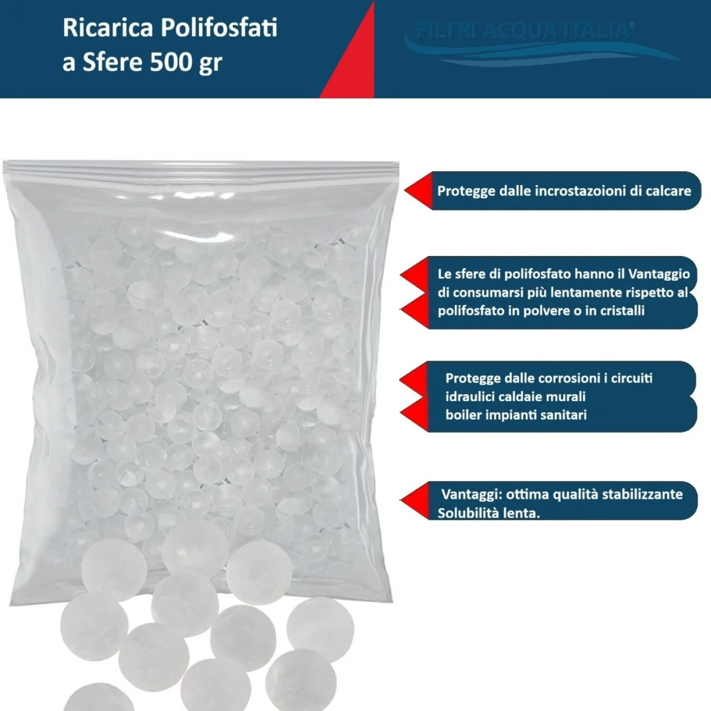 Ricarica Polifosfato a Sfere da 500 grammi per Filtro Anticalcare Ricarica Polifosfato a Sfere da 500 grammi per Filtro Anticalcare