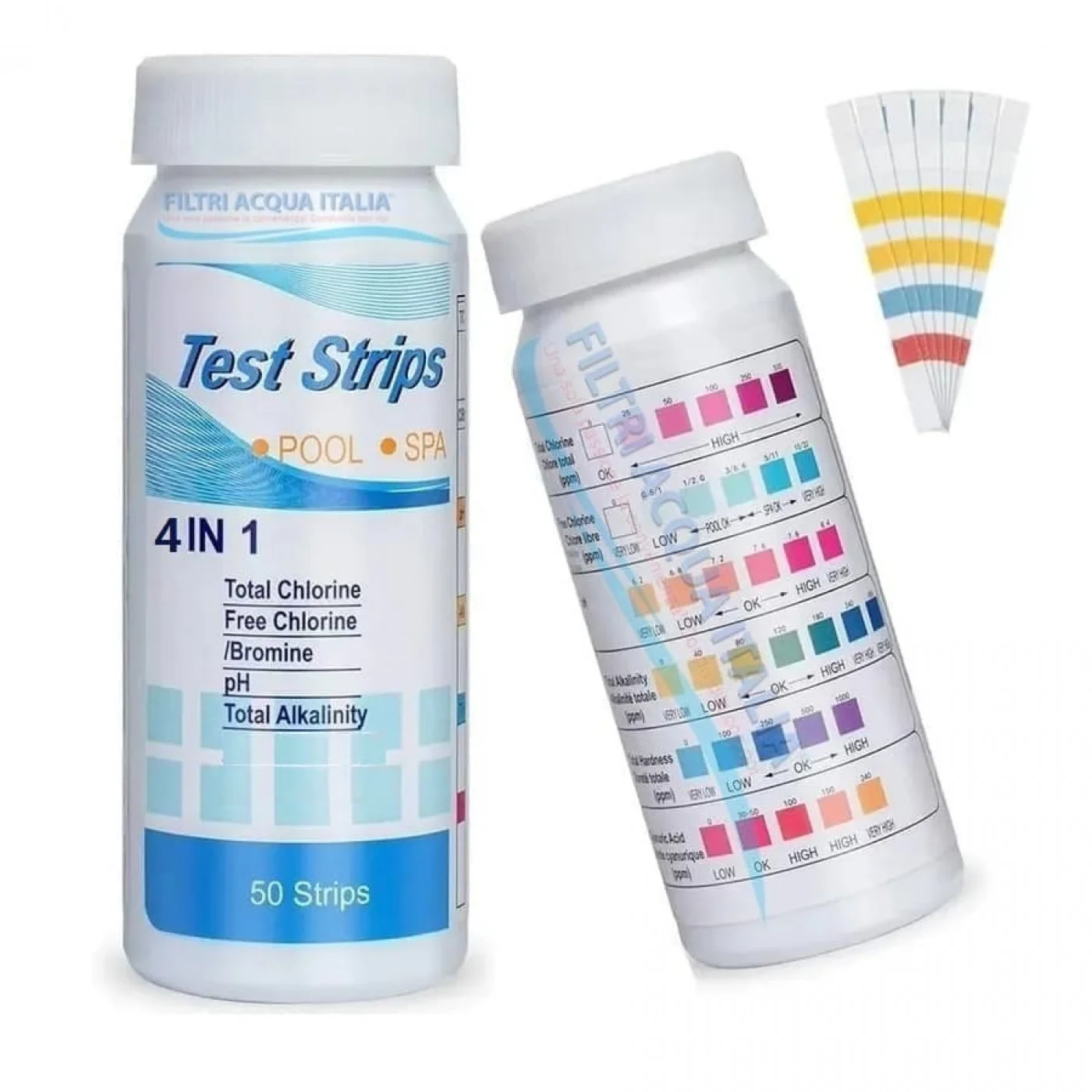 Strip Test 4 in 1 – 50 Strisce per Analisi  Acqua Cloro Bromo pH Alcalinità