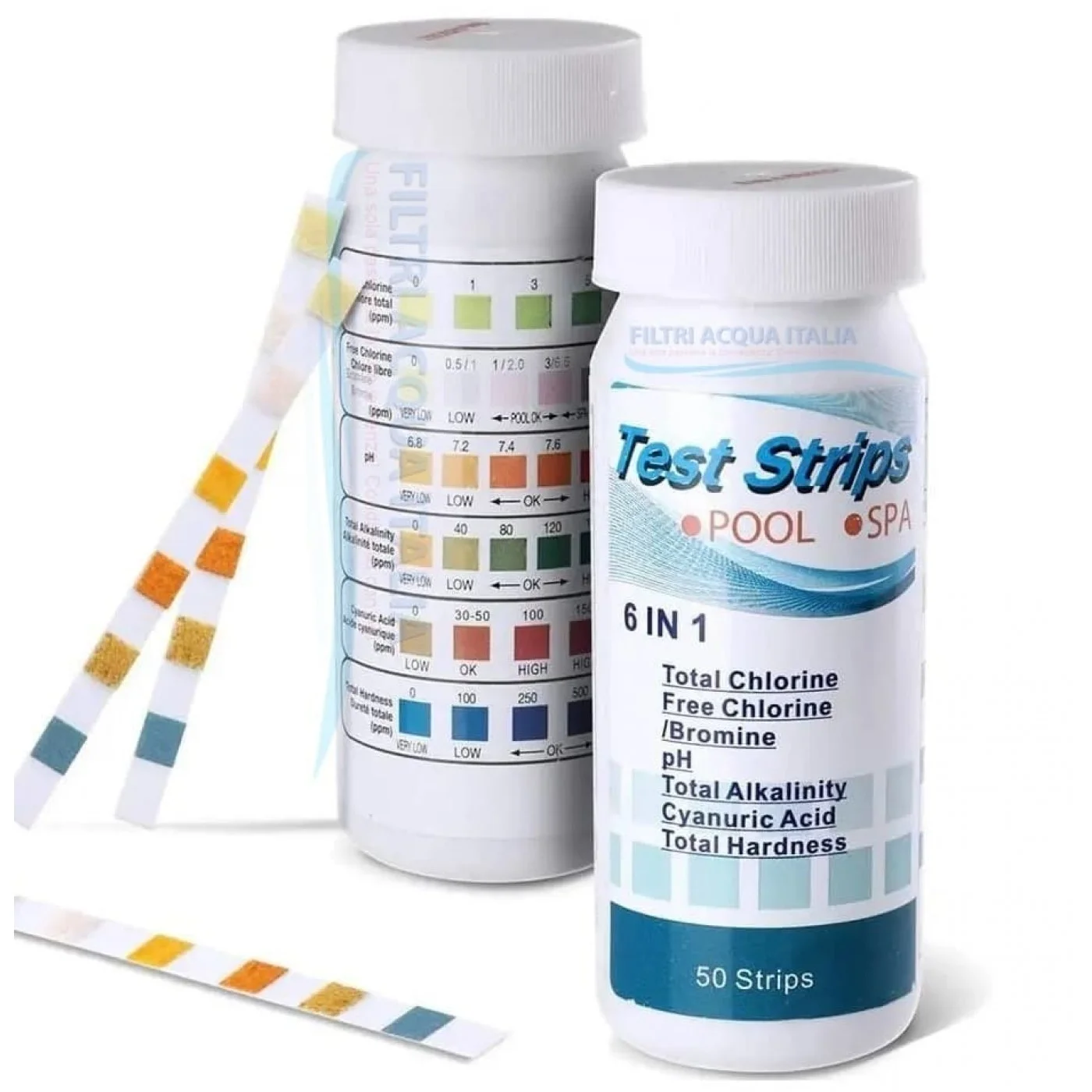 Strip Test 6 in 1 – 50 Strisce per Analisi dell’Acqua Cloro, Bromo, pH, Alcalinità, Durezza, Acido Cianurico